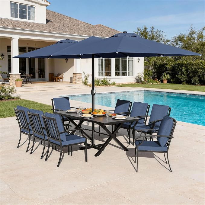 10-Pieces Patio Conversation Set,Metal Outdoor Furniture Set Includes 13.6FT Navy Umbrella,Hole Cut-Out 78.7" x 35.4" Table and 8 Metal Backrest Chairs for Backyard,Garden,Navy