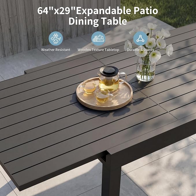 Expandable Patio Dining Table for 4-6 Person, Aluminum Extendable Outdoor Table, 32"-65" Adjustable Patio Table, Square/Rectangular Outdoor Accent Table for Garden, Backyard, Poolside, Black