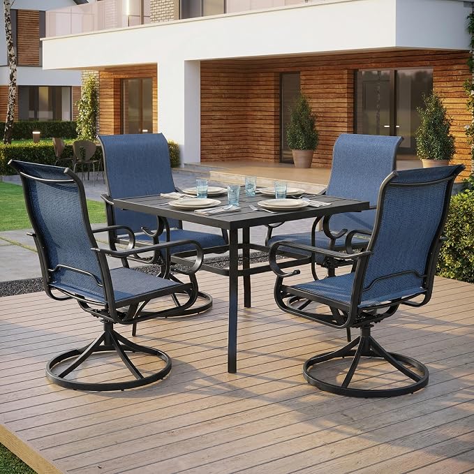 NUU GARDEN 5-Piece Outdoor Dining Set, Metal Swivel Chairs for 4 | All-weather blue patio furniture set for 4. Breathable textilene swivel rockers. Metal table with umbrella hole