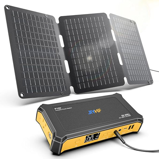 JIYHF Portable Power Station 99.9Wh with Foldable Solar Panel 30W, Laptop Charger & Backup Power with 65W USB-C PD, 100W AC Outlet, 12V DC Output, LED Light for Camping, Home Backup, Emergency, RV