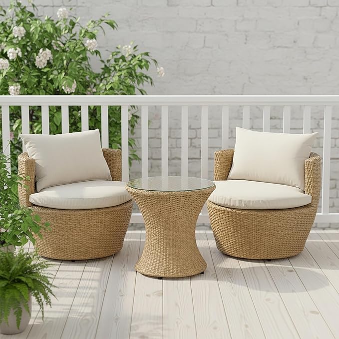 Merax Patio Furniture Set of 3, Outdoor PE Rattan Wicker Chairs with Cushion & Glass Coffee Table for Balcony Garden Front Porch, Patio Conversation Sets for 2, Sturdy Aluminum Frame, Beige