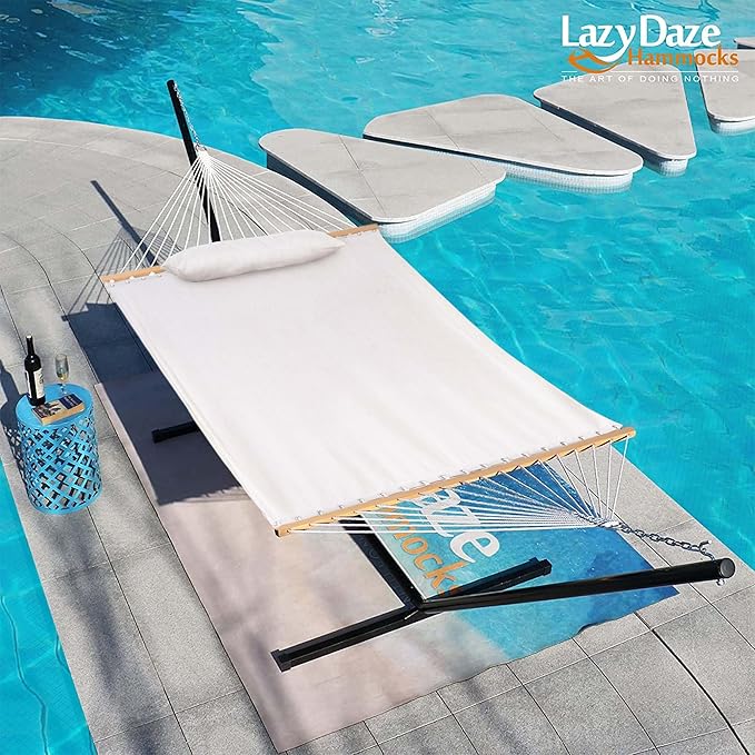 Lazy Daze Hammocks 12 FT Sunbrella Fabric Hammock not Fading with Spreader Bars and Free Pillow Fits for 2 Persons, All Weather and Fade Resistant for Patio Yard, 450 lbs Capacity, Cast Pumice