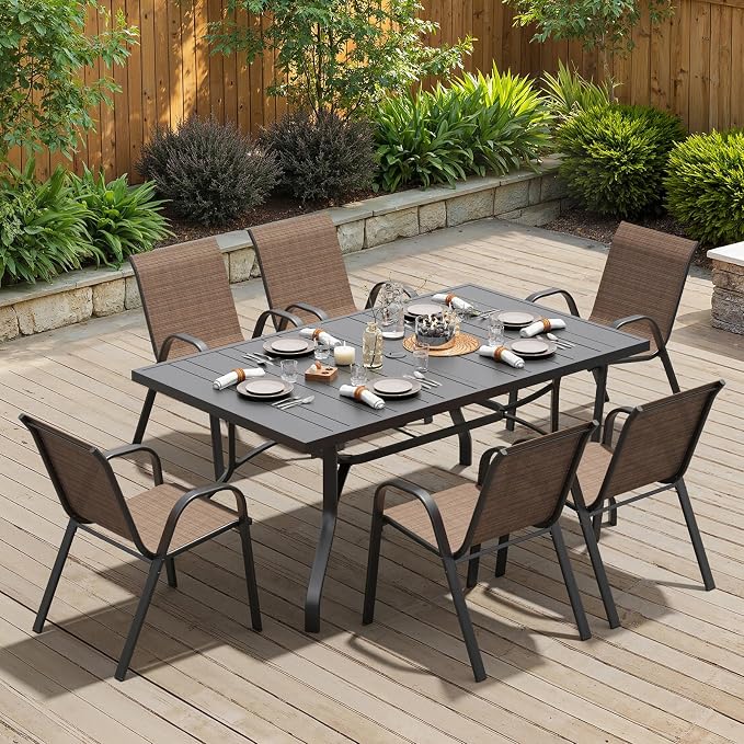 Soohow 7-Piece Outdoor Dining Set, Outdoor Patio Table and Chairs Set, 6 x Stackable Chairs & 1 x Outdoor Table with Umbrella Hole, All-Weather Patio Dining Sets for Poolside, Backyard and Porch