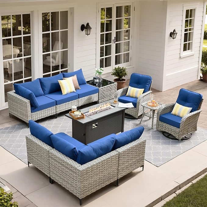 Outdoor Patio Furniture Sets,11 PCS Patio Conversation Set Outside Rattan Sectional Sofa with 54 in Fire Pit Table Wicker Rocking Chair Coffee Table Fit Backyard Porch Garden Poolside Balcony