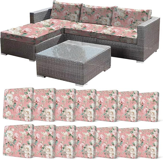 CALBODE 14 Pcs Stretch Outdoor Seat Cushion Covers, Washable Chair Seat Cover for Patio Furniture Cushions Soft Indoor and Outdoor Couch Cover Replacement (Pink Blooming, Cover Only)