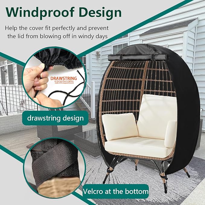 FLYMEI Wicker Egg Chair Cover Indoor Outdoor Lounger Chair Cover with Double Zipper for Wicker Patio Basket Chair, Waterproof, Dustproof and Anti-UV, 45.3" L x 23.6" W x 55.1" H