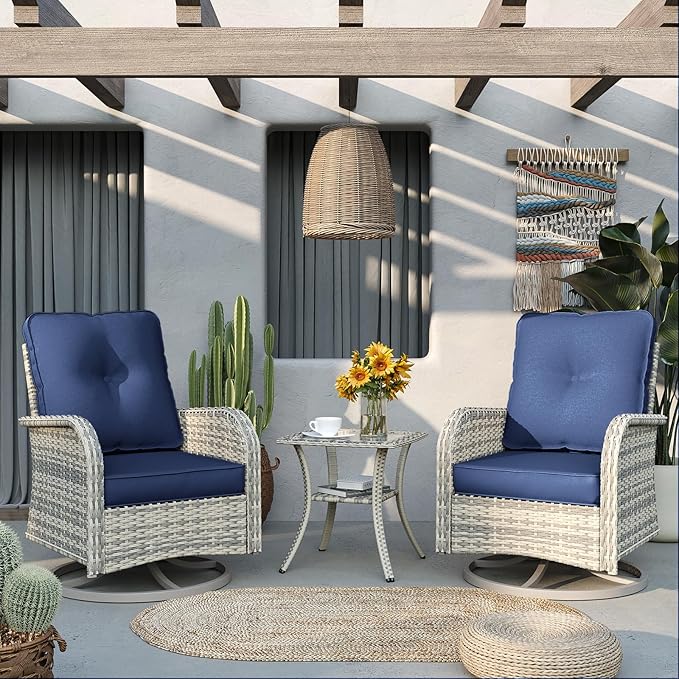 6-Piece Patio Rocking Swivel Chair Outdoor Wicker Rattan Bistro Set with Tempered Glass Side Table, Outdoor Patio Furniture Set for Garden, Deck, and Balcony, Blue