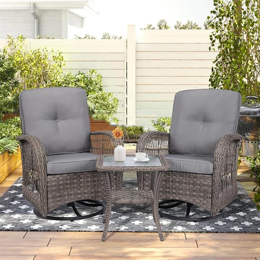 3-Piece Patio Wicker Conversation Bistro Set, Rattan Gliding Rocking Swivel Chairs with Cushion and Glass Top Side Table Outdoor Furniture Sets for Garden Backyard, Grey