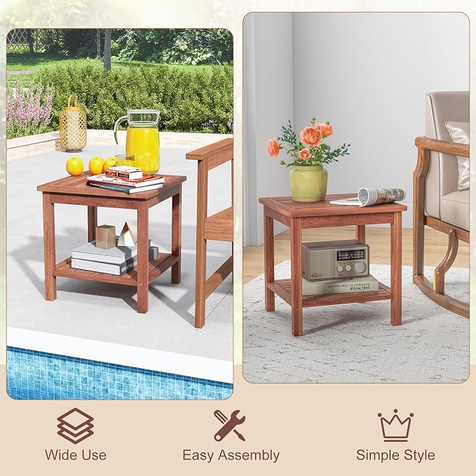 RELAX4LIFE Adirondack Outdoor Side Table - 2-Tier Acacia Wood Square End Tables w/Slatted Tabletop & Shelf for Garden Porch Pool, Indoor Outdoor Companion, Wooden Small Patio Table (2, Natural)