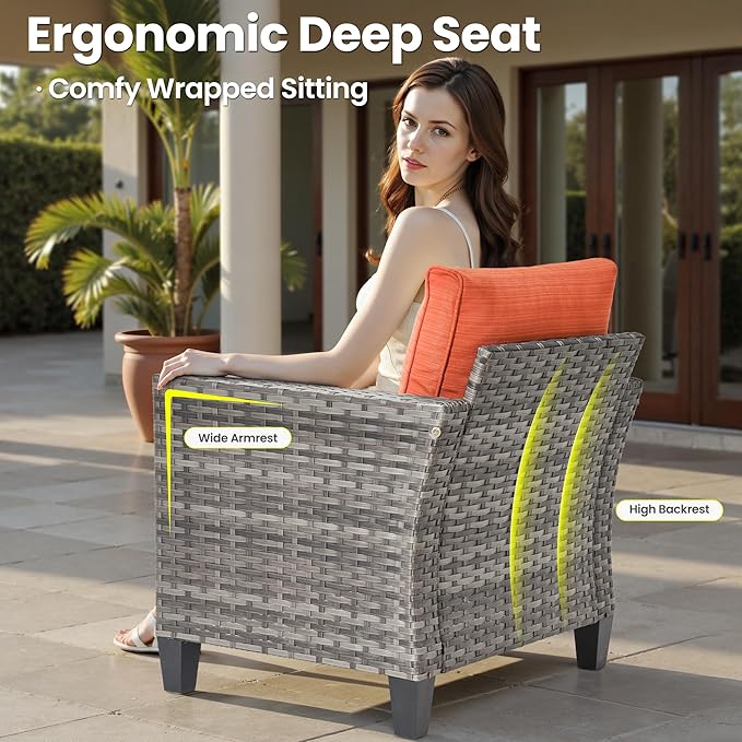 ovios 5 Pieces Patio Furniture Set, Outdoor Wicker Rattan Chairs of 4 with 30" Fire Pit Table, High Back Chair Conversation Sets for Porch Deck Garden, Orange Red