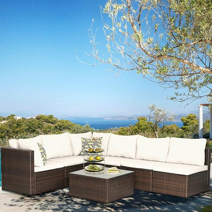 PayLessHere Patio Furniture Set 7 Pieces Outdoor Furniture Wicker Conversation Set Sectional Sofa and Coffee Table Wicker Patio Conversation Sets for Backyard Porch Balcony Poolside,Khaki Cushion
