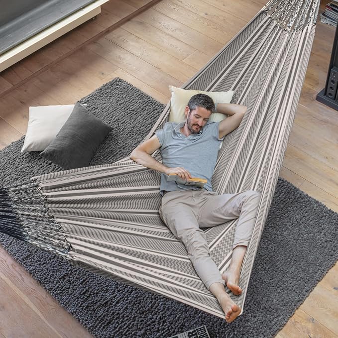 LA SIESTA Flora Classic Hammock & Nautico Stand, Cotton Hammock, Family Hammock, Indoor/Outdoor Hammock, Hammock with Stand, Steel Stand, Max 440 Lbs, King, Zebra