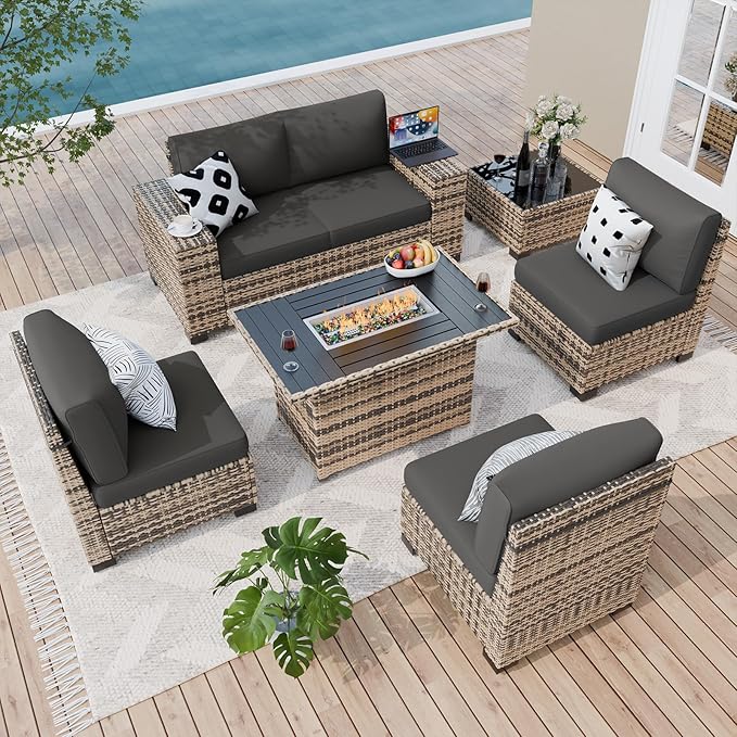 Amopatio 7 Piece Patio Furniture Set with 8" Armrest & 44" Fire Pit Table, Outdoor Wicker Rattan Sectional Sofa Conversation Set for Backyard, Garden, Poolside(Grey Cushion)