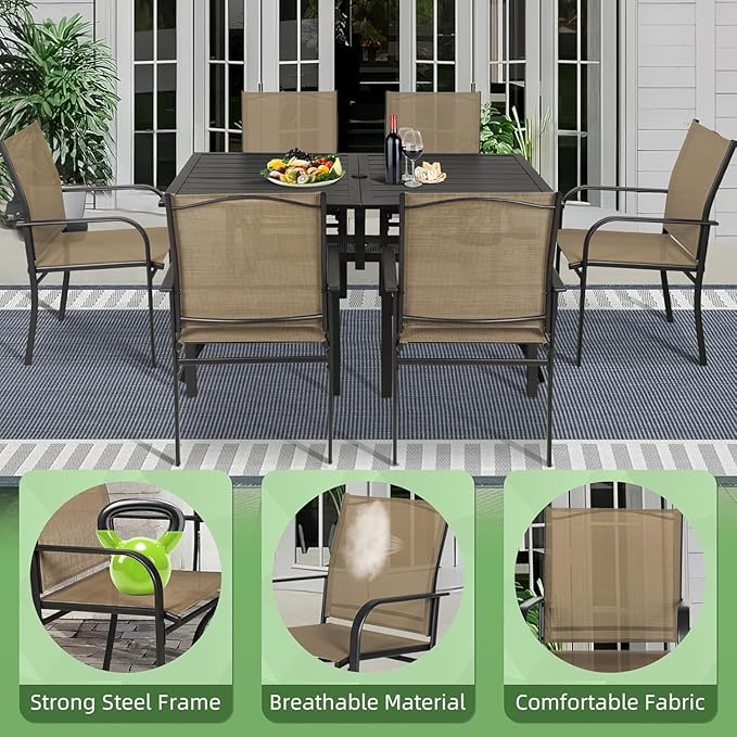 Incbruce 7 Pieces Outdoor Dining Set, Patio Metal Dining Set of 6 Textilene Chairs and Rectangle Table with Umbrella Hole for Lawn, Garden, Porch and Backyard (Brown)
