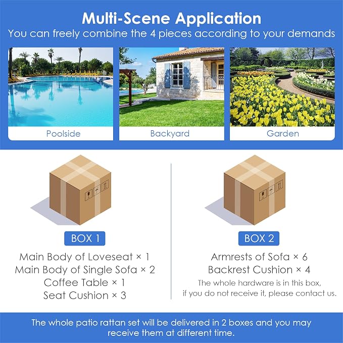 HAPPYGRILL 4 Piece Patio Conversation Set Rattan Sectional Sofa Set with Soft Cushions and Coffee Table, Outdoor Wicker Furniture Set with Acacia Wood Armrests, Perfect for Poolside, Garden, Backyard