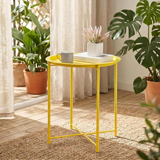 VECELO Side/End Table, Folding Round Metal Anti-Rust and Waterproof Outdoor or Indoor Tray for Living Room Bedroom Balcony and Office, 2 PCS, Yellow