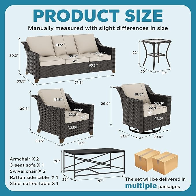 7 Pieces Outdoor Conversation Furniture Set - 77" Patio sofa, 2 Armchairs, 2 Swivel Glider Chairs, 1 Side Table, 1 Metal Coffee Table, Wicker Couch with Washable Cushions for Porch (Beige)