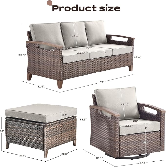 Rilyson Wicker Outdoor Patio Furniture Set - 7 Piece Patio Conversation Sets with Swivel Rocker Chairs, Ottomans, and Sofa, Thick Cushions, Waterproof Wicker, for Porch Deck Brown/Beige