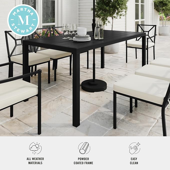 Martha Stewart Lily Pond 72" All-Weather Patio Table with Slatted Tabletop, Umbrella Hole, and Steel Frame in Black