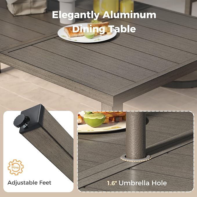HAPPATIO Outdoor Dining Table for 6, 60" Rectangular Aluminum Patio Tabletop with Umbrella Hole, Rustproof Aluminum Frame for Poolside Lawn Garden