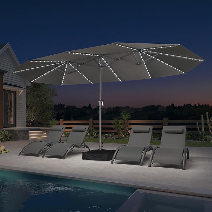 PURPLE LEAF 15ft Double-Sided Patio Umbrella with Base and Solar Lights Outdoor Market Umbrella with Crank Handle Rectangle Umbrella for Backyard Pool Garden Deck, Grey