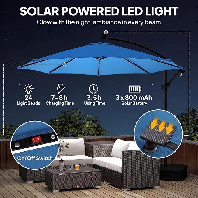 Outsunny 10 ft Cantilever Patio Umbrella with Solar LED Light, Sandbag Weight, Offset Hanging Outdoor Market Umbrella with Protective Cover, Crank and Tilt