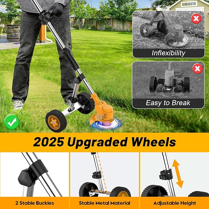 Electric Weed Wacker Cordless Weed Eater Battery Powered 21V, 4-in-1 Brush Cutter/String Trimmer/Grass Trimmer/Lawn Mower, 6 inch Lightweight Edger Stringless Weed Trimmer with Wheel & Blade,2 Battery