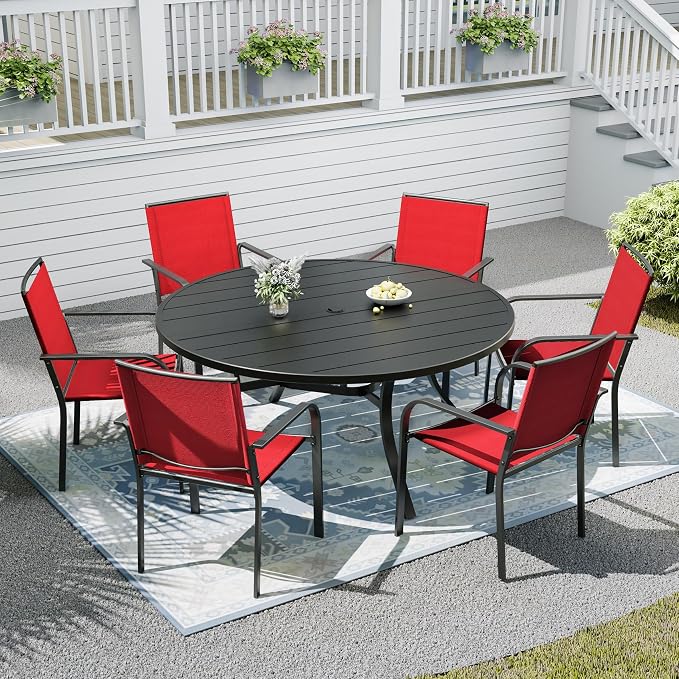 Patio Table and Chairs Set for 6 Person,54" Round Steel Slat Outdoor Table with 6PCS Breathable Textilene Stackable Chairs for Deck/Backyard/Poolside/Garden