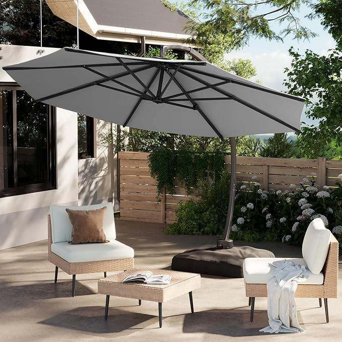 ENSTVER 11FT Cantilever Patio Umbrella With Base Included, Round Large Aluminum Outdoor Cantilever, Heavy Duty Offset Umbrella with 360°Rotation for Pool, Deck, Backyard, Garden(Grey)