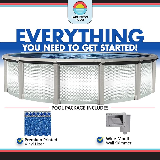 Lake Effect Pools 'Grand Cayman' 33 ft Round Above Ground Swimming Pool | 52 Inch Strong Extruded Resin Components | Bundle Includes: 25 Gauge Overlap Liner & Widemouth Skimmer