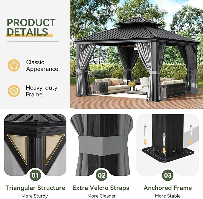 Aoxun Hardtop Gazebo 12x12 with Gutter, Upgraded Wider Aluminum Outdoor Gazebo with Galvanized Steel Double Roof, Patio Permanent Metal Pavilion with Netting and Privacy Curtain