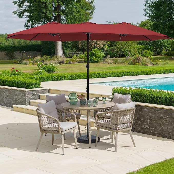 HERA'S PALACE Umbrella Patio Outdoor with Base 15ft Rectangle Table Double Market Umbrellas Clearance Large Included Stand for Deck Outside Pool Picnic Inground Yard Commercial, Burgundy