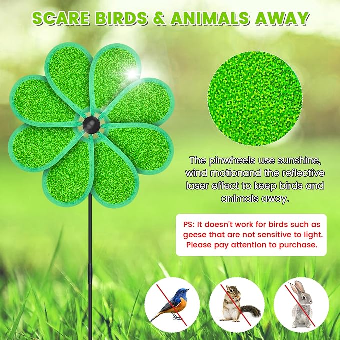 4PCS 11.4" W x 28" H Reflective Pinwheels Sparkly Lawn Wind Spinners Colorful Rainbow Windmill for Garden Decoration Bird Devices Deterrent to Scare Birds Away（Green）