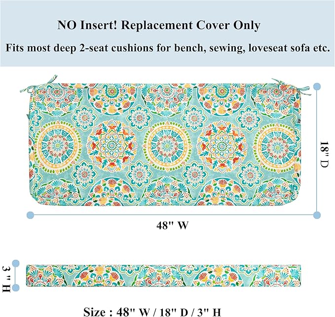 FUNHOME Outdoor Cushion Covers,48" x 18" x 3", No Insert! Patio Cushion Covers Replacement for Outdoor Furniture,Water Resistant Patio Bench Loveseat Covers 1 Pack, Cyan Circle (Covers ONLY)