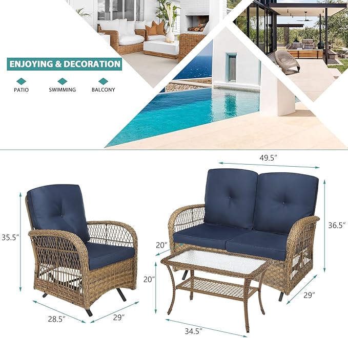 MEETWARM 4 Pieces Outdoor Wicker Patio Conversation Sets with Glider Loveseat, 2 Chairs with Glass-Top Coffee Table Wicker Rocking Glider Set, Wicker Conversation Set w/Thickened Cushions, Navy Blue