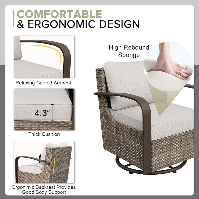 COOS BAY Aurora Terrace 6 Piece Outdoor Sectional Furniture Set, Half Moon Rattan Wicker Conversation Set with Swivel Chairs, 5 Seat Sofa & Coffee Table for Patio Garden Yard, Beige/Beige