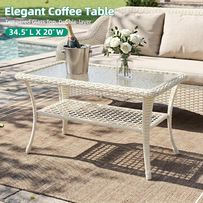 VIVIJASON Outdoor Wicker Coffee Table, All-Weather Rattan Patio Coffee Table with 2-Tier Storage, Tempered Glass Top Rectangle Center Table for Deck, Garden, Balcony, Porch, Cream White