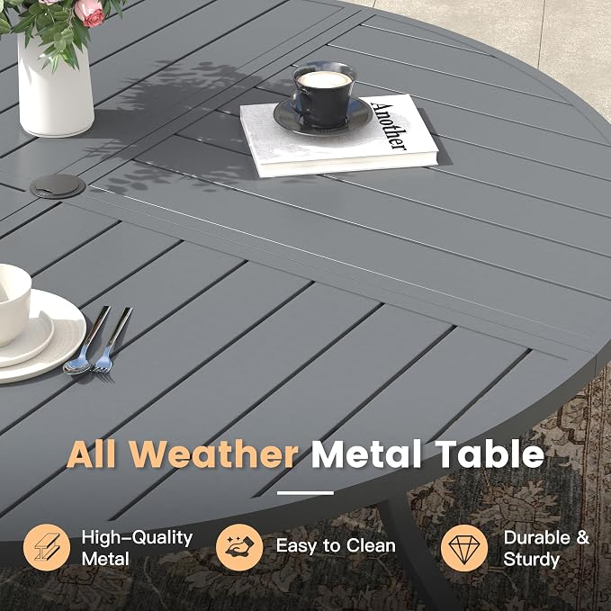 Outdoor Dining Set for 4, 40.7" Metal Round Outdoor Dining Table with Umbrella Hole and Sling Patio Swivel Chairs, 5 Pieces Patio Table and Chairs Set for Garden Backyard, Grey and Dark Grey