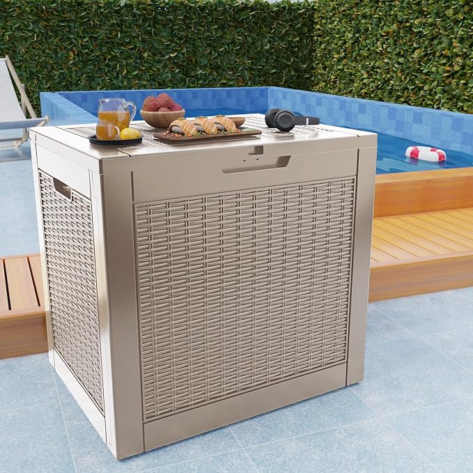 PatioZen 36 Gallon Outdoor Deck Box,Waterproof Resin Outdoor Storage Boxes, Outside Storage Lockable Container for Garden Tools,Indooor Cushions,Accessories (Grey)