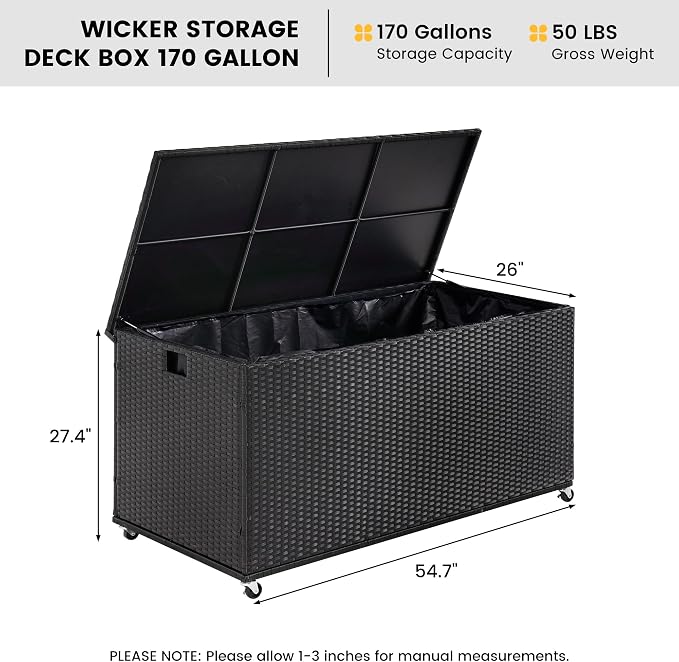 Outdoor 170 Gallon Water-Resistant Wicker Storage Box with Wheels, PE Rattan Deck Box with Waterproof Liner for Outside, Patio Storage Container with Hinged Lid, Horizontal Bin, Black