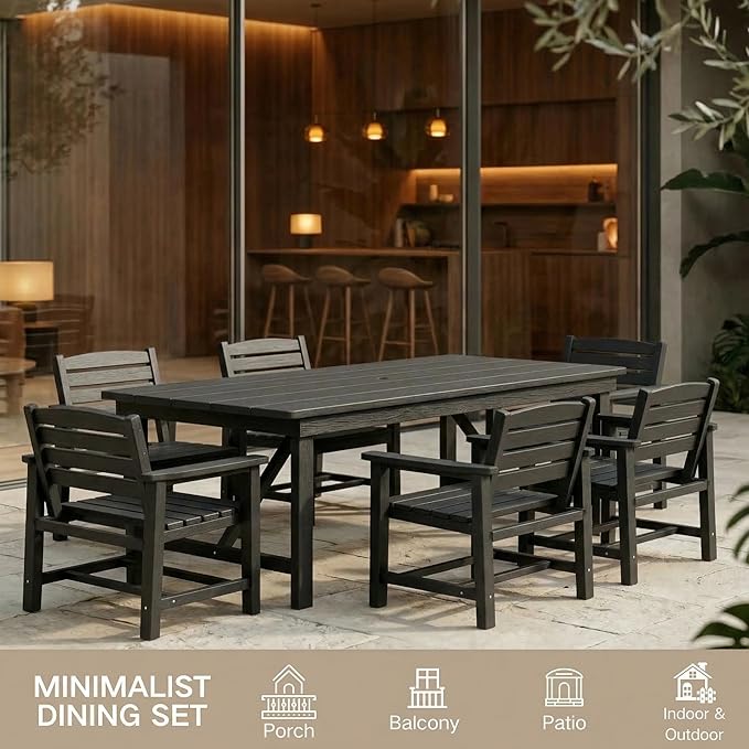 Kingdura 7 Piece Patio Dining Set for 6, HDPE Outdoor Dining Table Set with 2" Umbrella Hole, All Weather Outdoor Furniture, Table and Chairs Set for Backyard Pool Garden Porch, Black