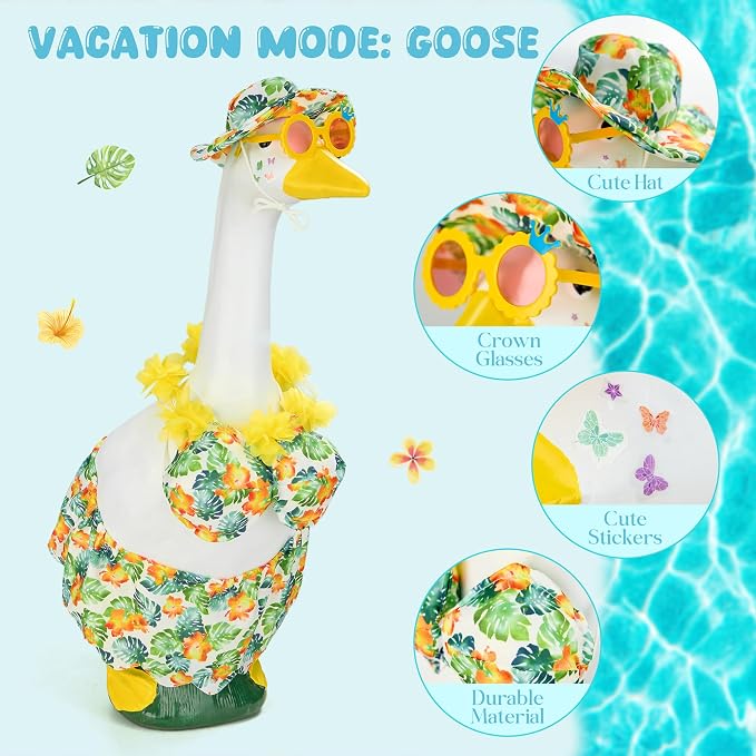 Green Bikini Goose Clothes Set with Sunglasses Lei Hat, Green Hawaiian Swimming Suits Porch Goose Outfits for 23 Inch Goose Statue, Summer Tropical Yard Garden Decor (Green)