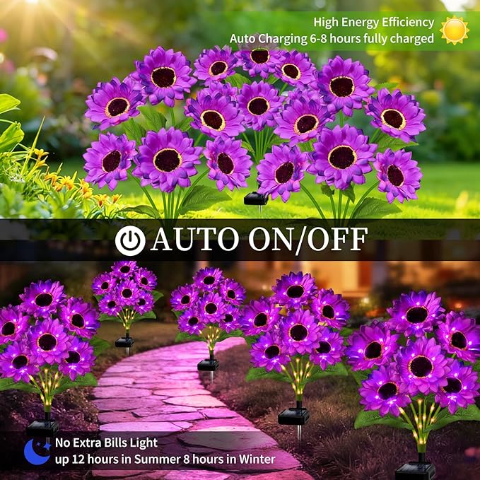Solar Garden Lights Outdoor, 4 Pack Solar Purple Sunflower Lights with 18 Head 3.4 Inch Flowers, Waterproof Flowers Light Fall Decor Auto ON/Off for Garden Yard Patio Backyard, Gifts for Mom Women