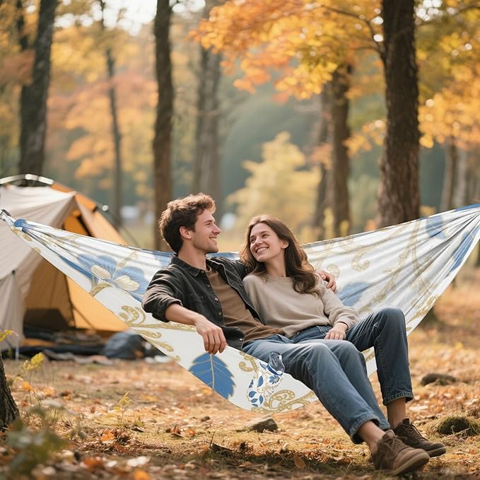 Blue and Golden Flower Leaves 330lb Capacity Hammocks with Portabl Carry Bag Tree Hammock for Camping & Hiking Essential jamaca para Patio