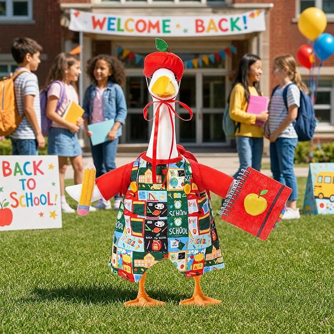 Back to School Porch Goose Outfit with Schoolbag for School Outdoor Decor | Fits 23'' Goose Statues, with Apple Hat, School Bag, Pencil, and Notebook, for Classroom Garden Yard Lawn Patio Decoration