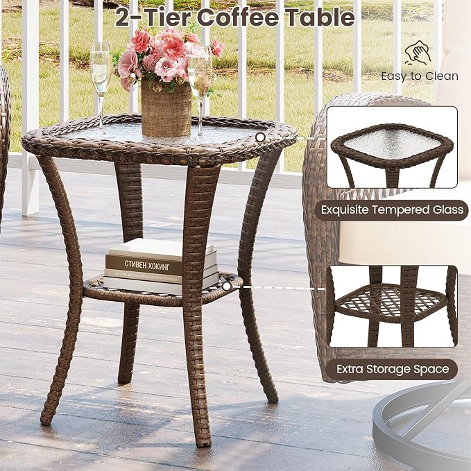 HAPPYGRILL 3 Pieces Outdoor Rattan Swivel Rocker Chairs Set with Tempered Glass Side Table, Outside Sectional Patio Conversation Furniture Set with Swivel Rocking Chairs for Deck Porch Garden (Beige)