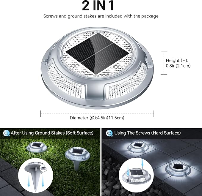Solar Driveway Lights, 12 Pack Heavy Duty Driveway Lights Solar Powered 2 Color Mode (Cool/Warm White) IP68 Waterproof Outdoor Solar Deck Lights with Ground Stake for Pathway Garden Yard Walkway Dock