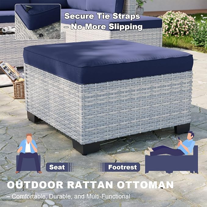 12-Piece Patio Furniture Set, Outdoor Patio Furniture with Swivel Chairs Set, Ottomans, Modular Patio Sofa, Dual-Strand Wicker Rattan, Rust-Resistant Frame, Navy Blue