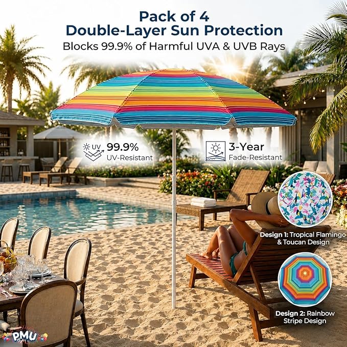 PMU 4 Pcs Set Beach Umbrella 72in Open – Tropical Flamingo Print & Rainbow Stripe, 160G Polyester Large Outdoor Patio Pool Parasol Umbrella for Garden, Deck, Backyard & Pool