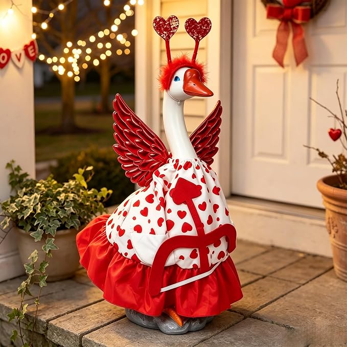 Porch Goose Outfit Heart Dress Geese Costume for Outdoor Lawn Decor | Stable Weighted Base,Heart-Patterned Dress With Red Wings and Cupid'S Bow, Realistic Goose Sculpture for Garden,Yard